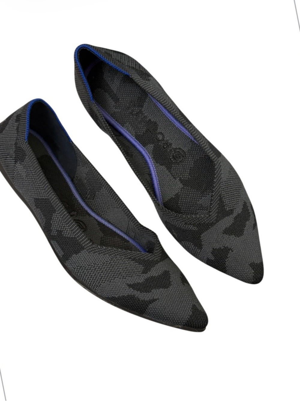 Rothy's Pointed Toe Knit Flats in Black Camouflage with Blue Trim
